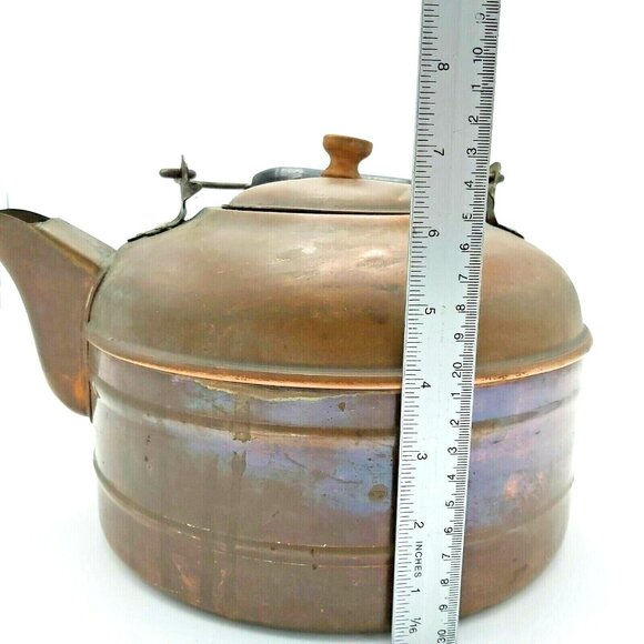 Large Copper Stovetop Tea Kettle Wooden Handle 7 inch Coffee Pot Wood Stove VTG - Picture 9 of 11